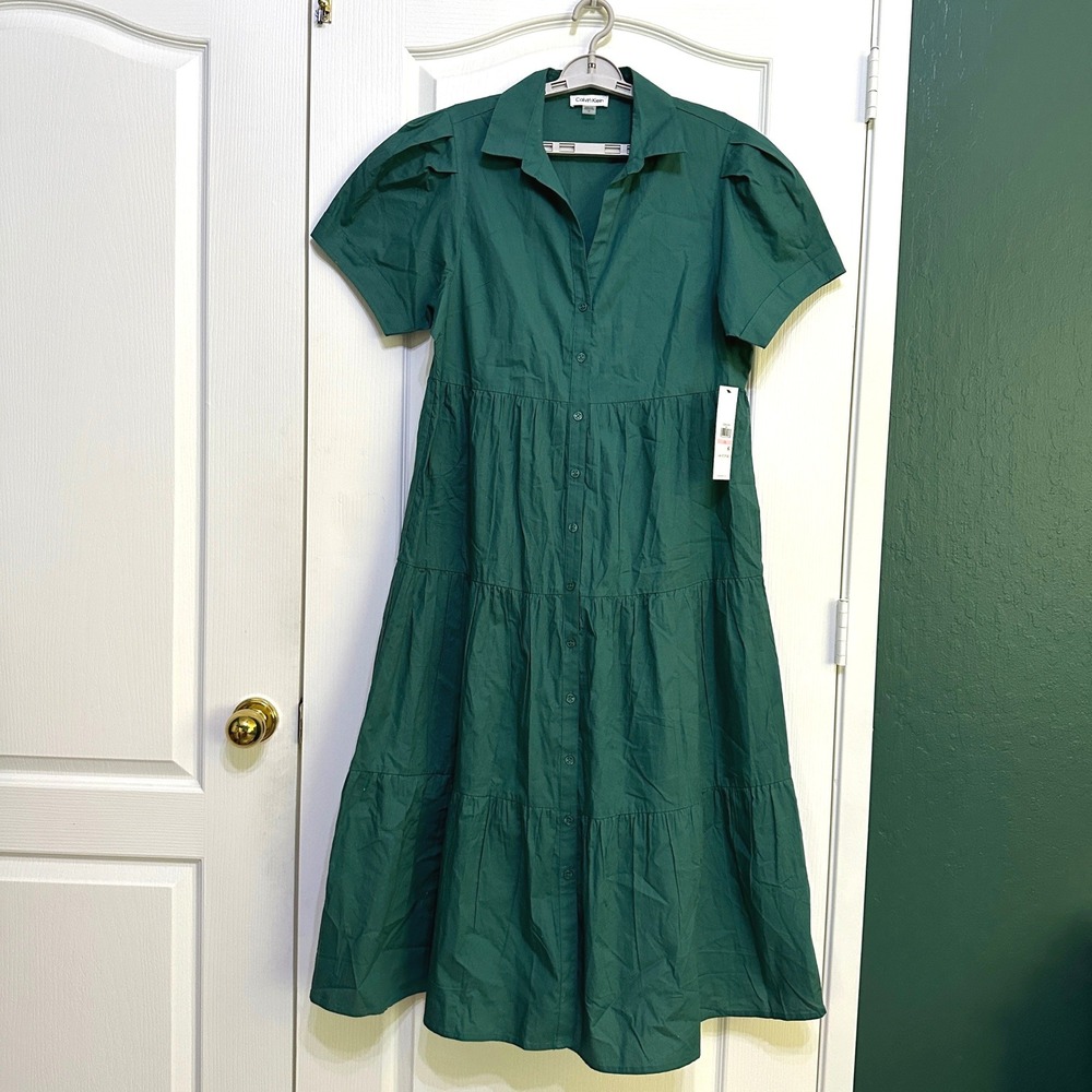 Calvin Klein Tiered Midi Dress 10 Puff Sleeve Button Front Relaxed Fit Academia
